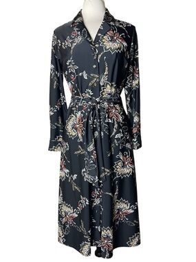 Jude Connally Black Floral Button-Front Shirt Dress with Waist Tie Sz M